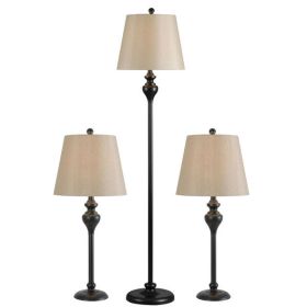 Floor Lamp and Table Desk Lamp Set -3 pieces-in Black with Light Gold Drum Shades